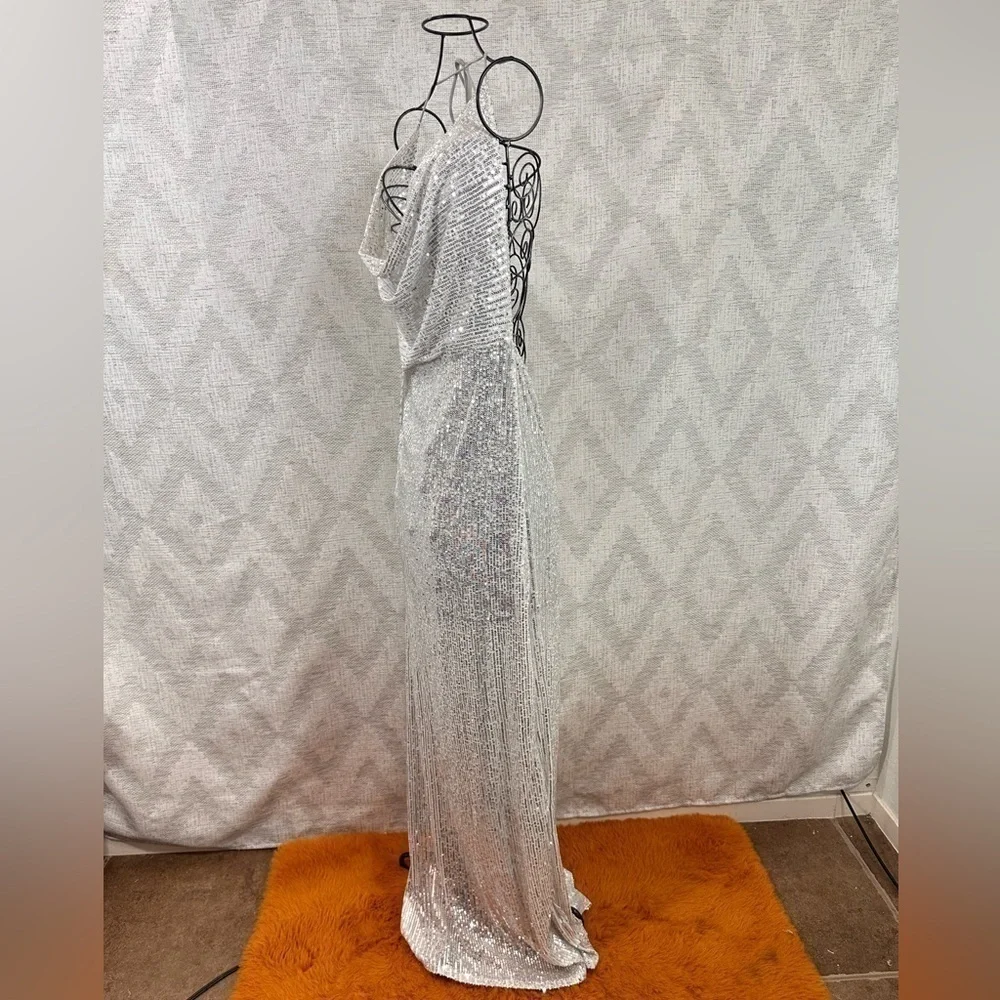 Lucy in the Sky Kaira cowl neck silver sequin maxi dress with leg slit size L